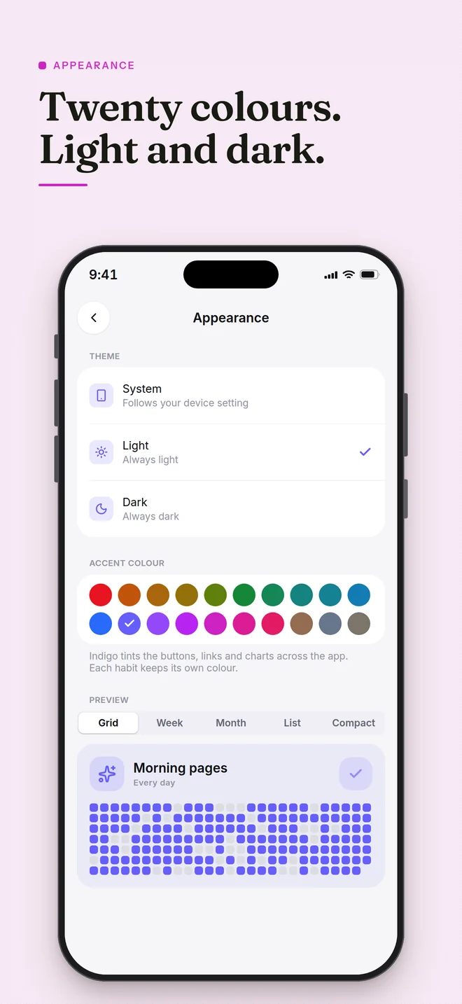 Twenty colours, two themes