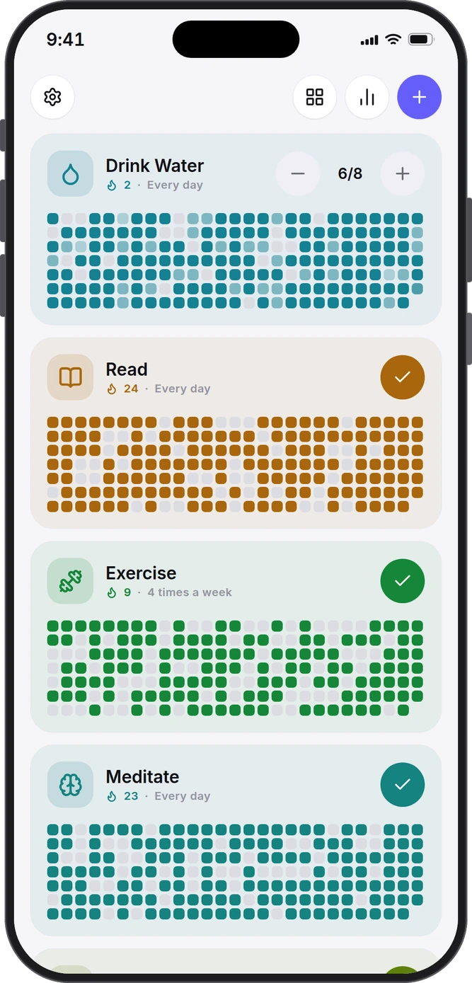 The Olive home screen, with a year of history on every habit card