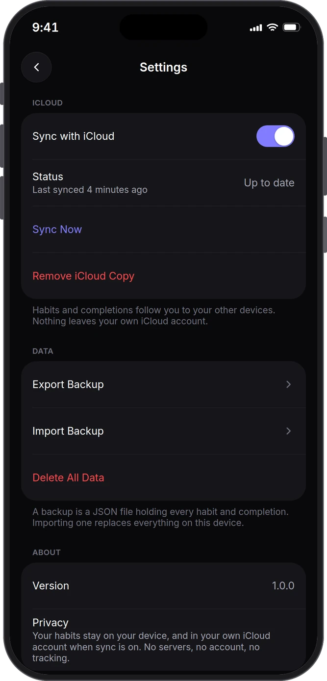 The Olive settings screen, with iCloud sync, backup and privacy