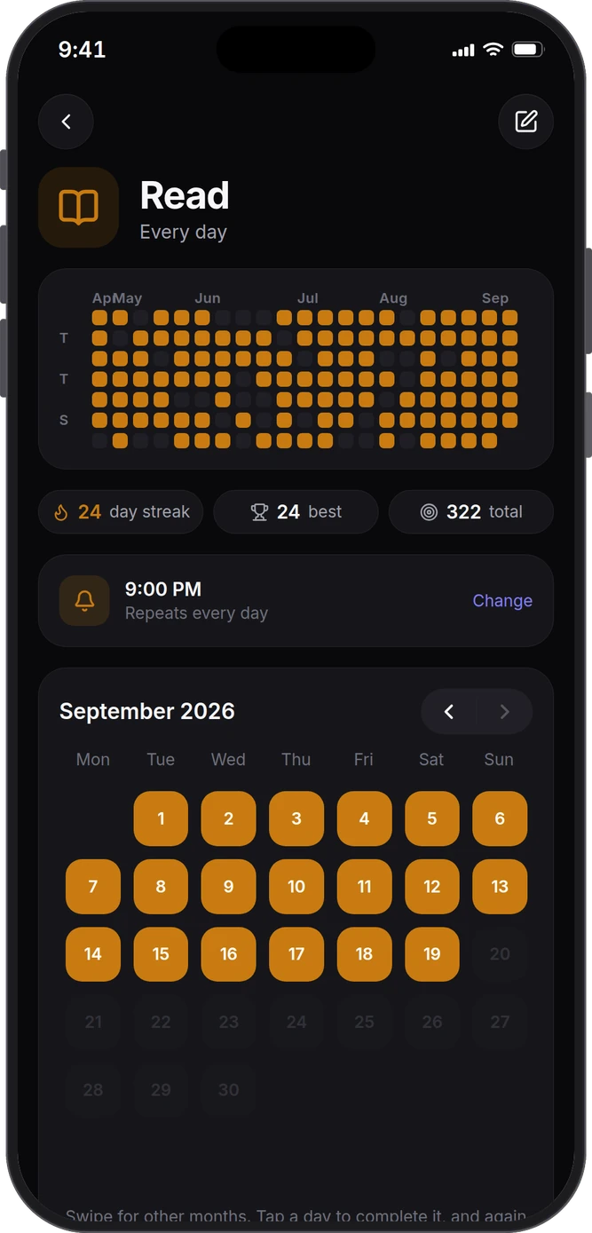 A habit page in the dark theme, with its year grid, streak and calendar