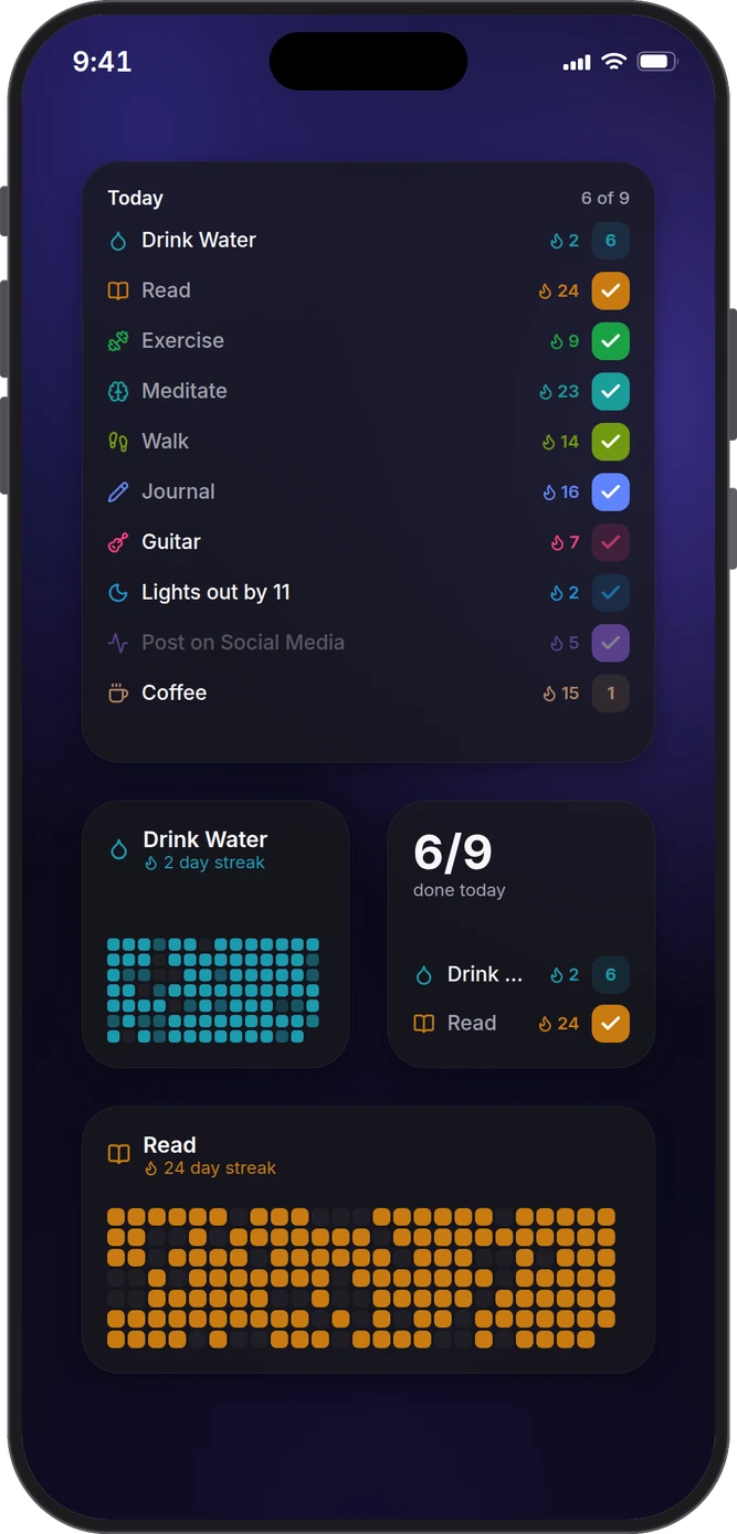 An iPhone Home Screen with Olive widgets on it